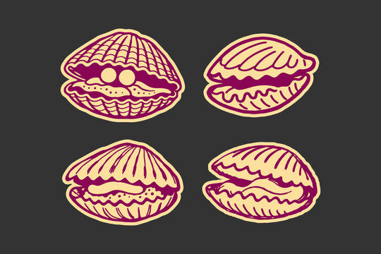 Seashell collection featuring four hand drawn sketches of open clam shells with pearls on a dark background in a simple flat graphic design art style