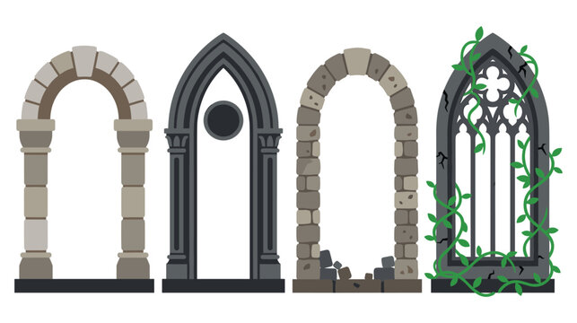 Ancient stone archway set with gothic window frames and ruined castle entrance architecture.