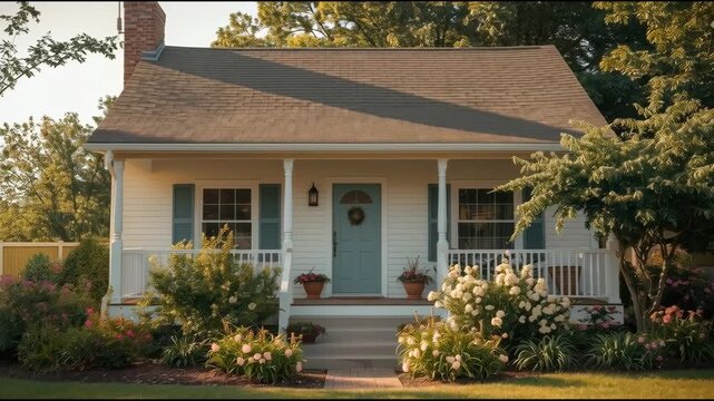 Charming cottage house porch with blue door garden and flowers bathed in warm sunlight