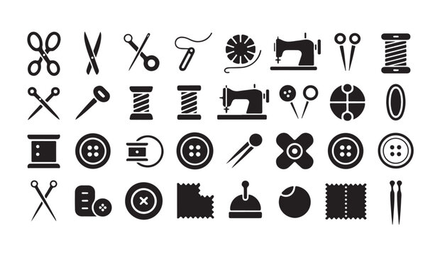 Sewing and tailoring tools black glyph icons set, needlework and handicraft symbols.