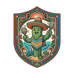 Obraz premium Colorful Mexican Cactus Character with Sombrero and Maracas in Decorative Shield Frame