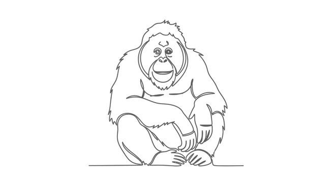 Line Art Orangutan Sitting on White Background, Simple Animal Drawing