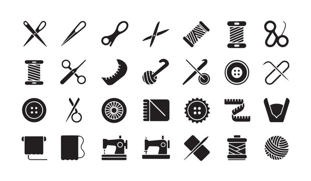 Sewing and tailoring icons featuring thread spools needles buttons and sewing machines kit.