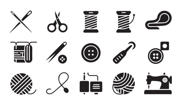 Essential tailoring and needlework icons with yarn spools scissors and sewing machine set.