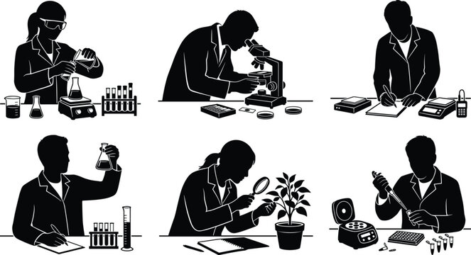aboratory scientist silhouette icon set with researchers conducting biotechnology experiments and medical analysis