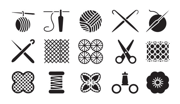Crochet and knitting icons set with yarn hooks scissors patterns and other elements.