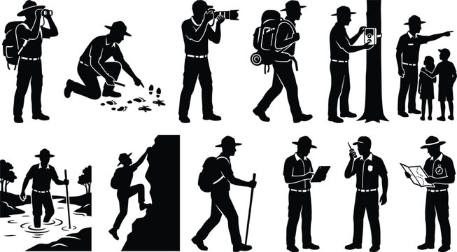 Title: Park ranger and forest guard silhouette icon set for outdoor adventure hiking and wildlife monitoring