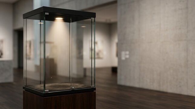 Empty glass display case with spotlight inside a modern art gallery with concrete walls