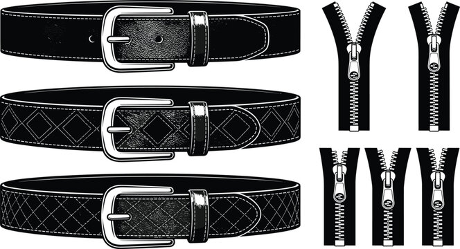 Fashion Hardware Vector Technical Sketches Set Featuring Leather Belts and Zipper Fasteners