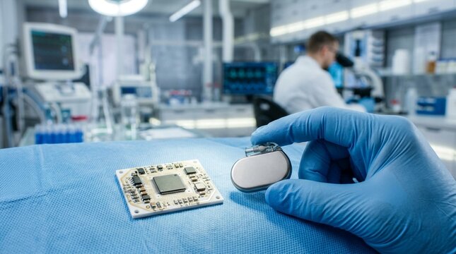 Medical professional holding a modern cardiac pacemaker with internal microchip circuit board in a high-tech laboratory setting