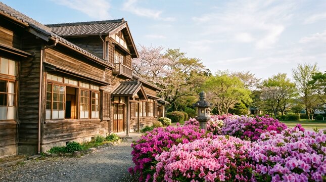日本の学校 ツツジの花咲く校舎