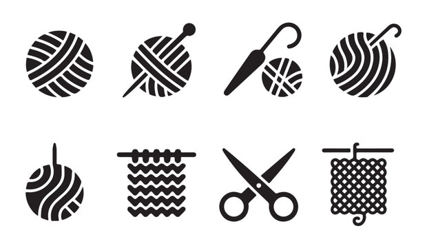 Knitting and crochet tools icons set for handicraft hobby with yarn and scissors symbols.