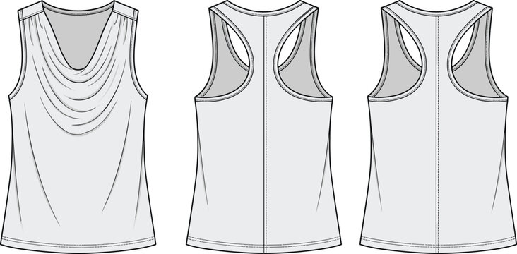 Women cowl neck tank top fashion technical sketch vector template front and back view