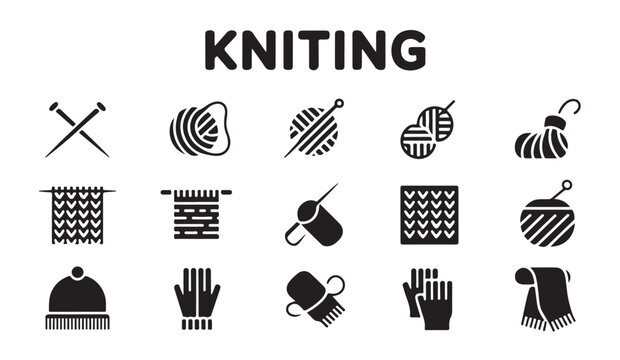 Knitting accessories and winter apparel icons set with gloves hat scarf and yarn symbols.