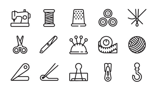 Sewing and knitting supplies with machine, thread, needle, buttons and fabric items.