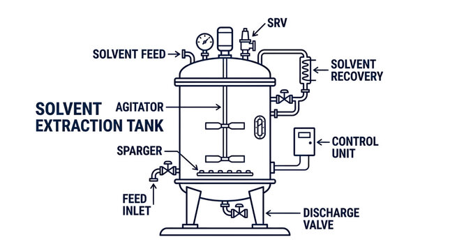 Solvent Extraction Tank Diagram: Agitator, Sparger, Control Unit, SRV