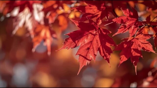 Red maple leaf closeup glowing in warm autumn light with soft bokeh foliage glow
