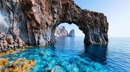 Fototapeta premium Breathtaking Coastal View of a Rising Basalt Arch Against the Clear Blue Waters of the Dramatic Seascape