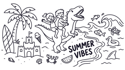 Kids riding dinosaur on beach during summer vacation with sea life and sandcastle drawing. © jubayer71