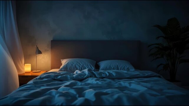 Cozy dimly lit bedroom with rumpled bed sheets pillow and warm bedside lamp on nightstand