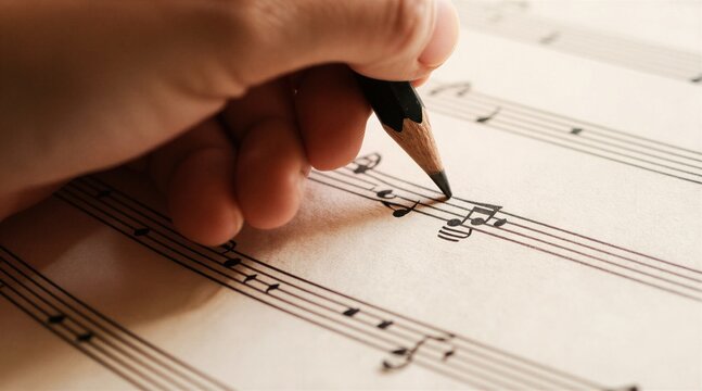 Close-up of a hand writing musical notes on aged paper with a pencil. A composer creates a new song on sheet music. Focus on creativity and artistic process.