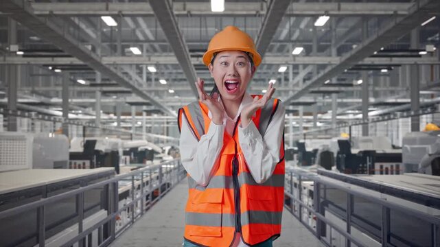 Asian Female Engineer With Safety Helmet Smiling To Camera And Saying Wow While Standing at Solar Panel Factory with Automated Robotic Assembly Line