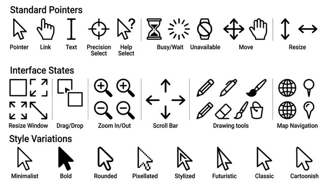 Computer Mouse Pointers and Cursor Icons Set - User Interface Elements