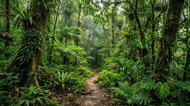 Narrow hiking path winding through a lush tropical rainforest with dense vegetation and ancient trees in Costa Rica