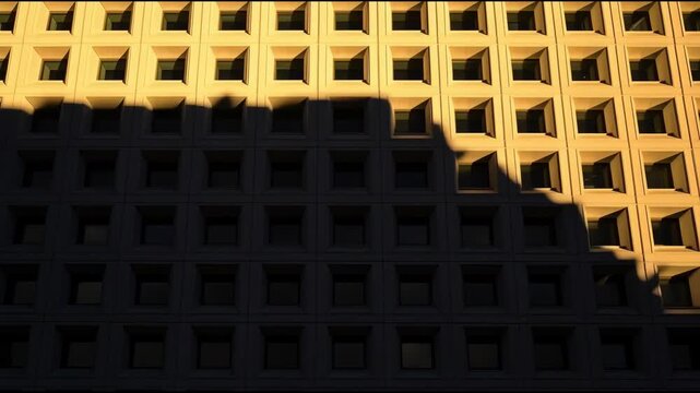 Sunlit concrete grid facade with repetitive square windows creating modern rhythmic mood