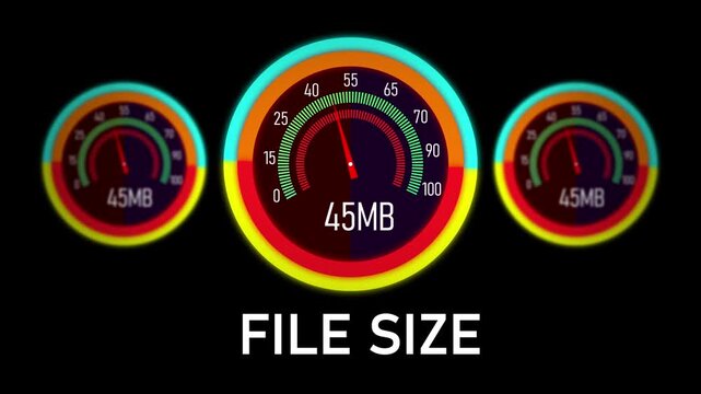 Dynamic digital file size loading gauge animation featuring three colorful circular progress meters indicating rapid data transfer and increasing storage capacity metrics for modern technology