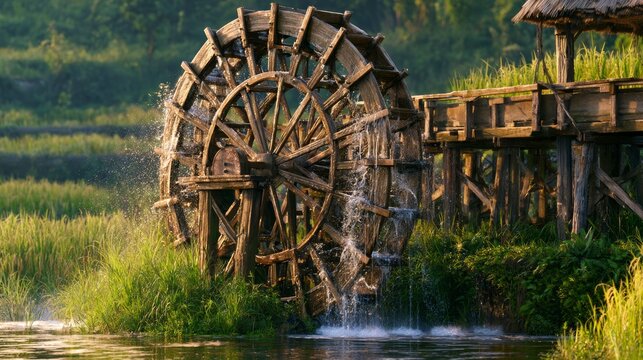 Traditional Wooden Water Wheel for Lifting Water by the River in Serenity of Nature Landscape