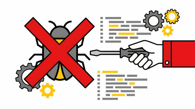 Flat Vector Illustration of Bug Fixing in Software Development, Showing a Bug Symbol Crossed Out with a Red X, a Hand Holding a Screwdriver, and Gears, Representing Debugging and Code Optimization