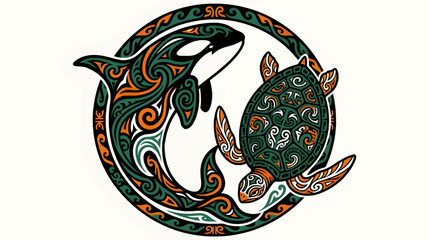 Tribal Sea Turtle and Orca Killer Whale Vector Illustration with Intricate Maori-Inspired Patterns, Circular Design with Orange, Green, and White Accents on White Background, Symbolizing Ocean Life © iga