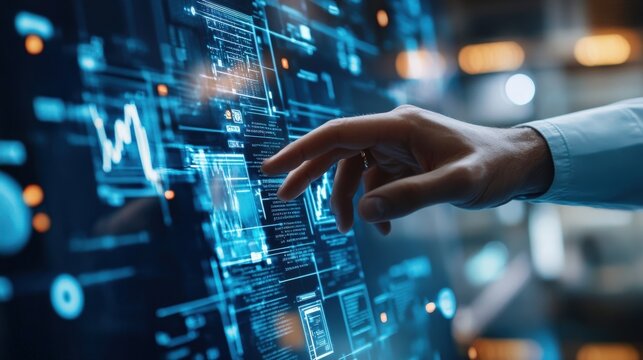 Business professional interacts with a digital holographic interface showcasing financial data analytics.