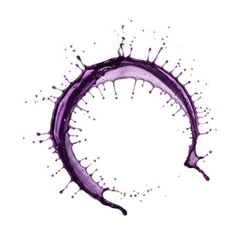 Viscous deep violet liquid splashing in a graceful arching trajectory with delicate filament structures and satellite droplets against a stark white studio background