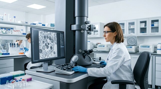 Female scientist using transmission electron microscope in modern medical research laboratory for cell analysis and diagnostic testing
