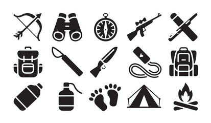 Camping and trekking equipment icons featuring hiking gear backpack tent and outdoor tools. © MD.RAHIM
