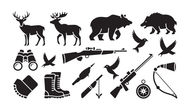 Forest animals and hunting gear icons set with deer bear wild boar rifles and birds signs.