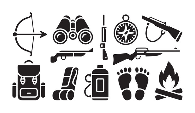 Hunting gear and accessories concept, black and white icon set in flat design style.