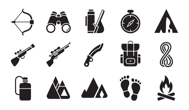 Hunting and camping equipment set, black and white flat vector icons collection.