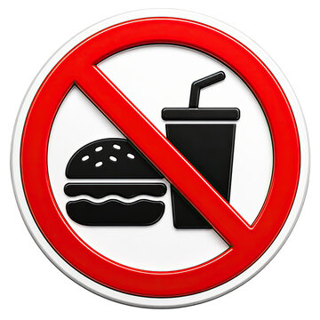 A sign displays a prohibition symbol over a hamburger and a drink.
