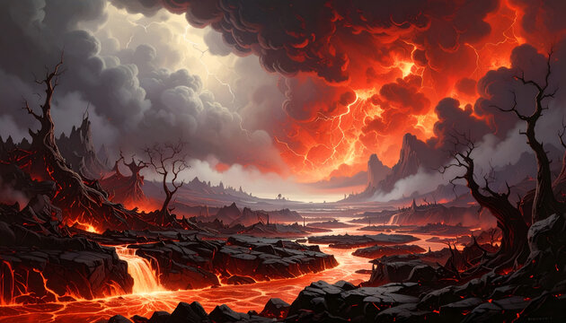Apocalyptic Landscape with Fiery Lava Flow and Stormy Skies.