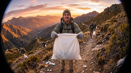 Fototapeta premium Hiker holding garbage bag mountain cleanup trail