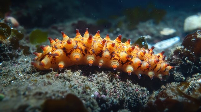Orange sea cucumber rests on the rocky ocean floor underwater.