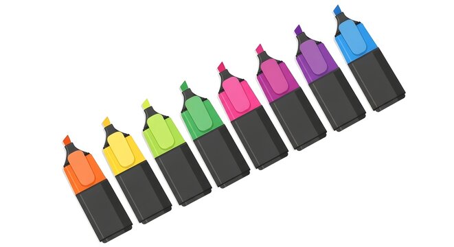 Row of colorful highlighter pens arranged diagonally on a white background