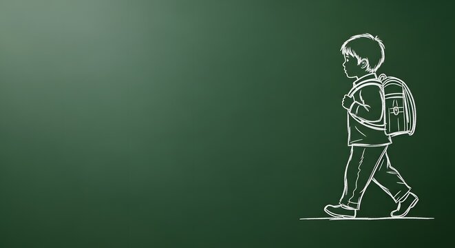 Chalk drawing of a young schoolboy with a backpack walking on a green chalkboard background