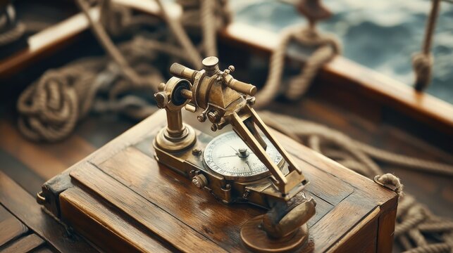 An antique brass navigational instrument rests on a wooden surface aboard a vessel.