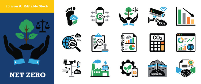 Set of fifteen net zero emission icons showing environmental sustainability green energy.