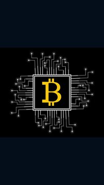 Glowing bitcoin logo on digital microprocessor circuit board animation representing cryptocurrency mining and financial technology blockchain network connection in virtual environment.