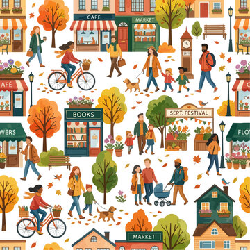 Vibrant Autumn Festival Village Scene with Families Shops and Seasonal Activities in Vector Illustration Style people community cafe market books